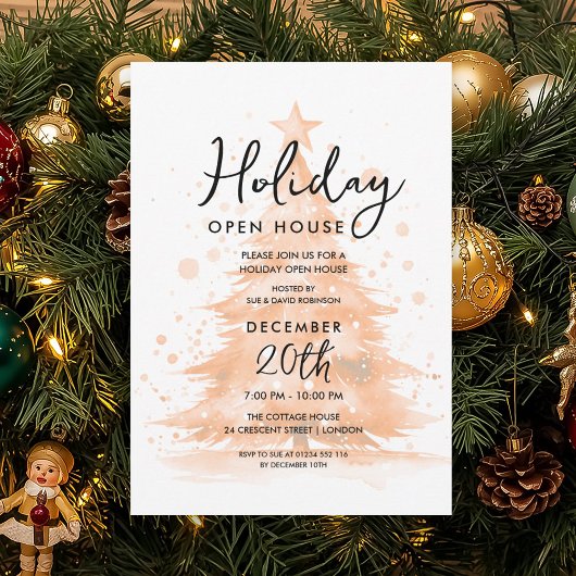 Invitation Maison ouverte pour les Fêtes Rose Gold Arbre pein