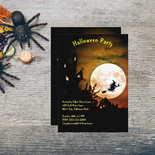 Invitation Maison, Pleine lune, Sorcière Orange Sky Halloween