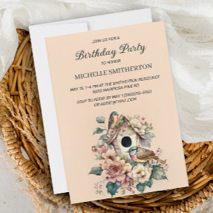 Invitation Maison pour oiseaux Fleurs Élégantes Fête d'annive
