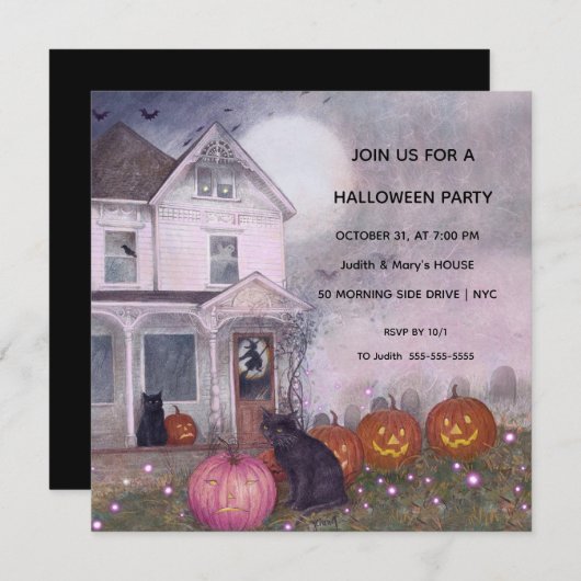 Invitation Maison rose hantée Chat noir Halloween Party (Devant / Derrière)
