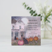 Invitation Maison rose hantée Chat noir Halloween Party (Debout devant)
