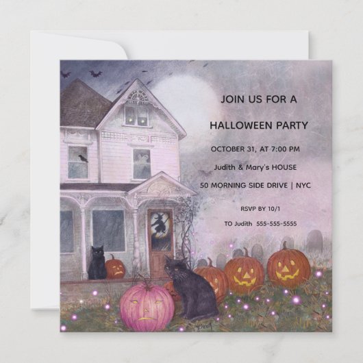 Invitation Maison rose hantée Chat noir Halloween Party (Devant)