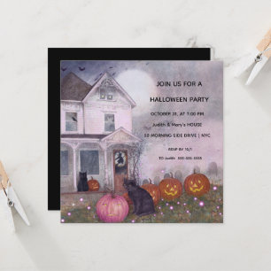 Invitation Maison rose hantée Chat noir Halloween Party