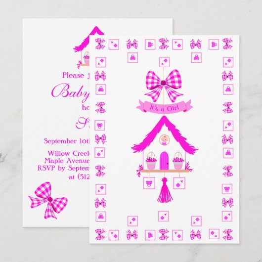 Invitation Maison rose personnalisée C'est une fille (Devant / Derrière)