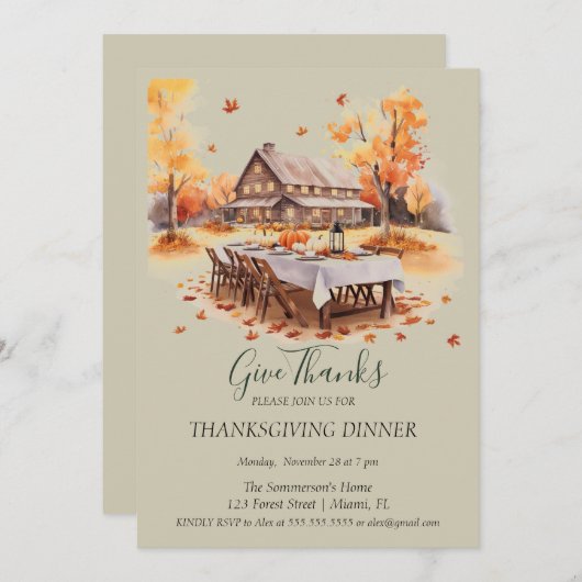 Invitation Maison rustique en bois Thanksgiving Merci (Devant / Derrière)