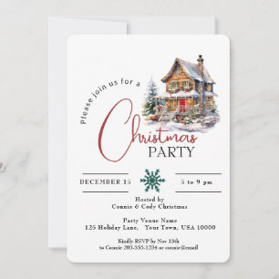 INVITATION MAISON RUSTIQUE SOUS LA NEIGE, FÊTE DE NOËL