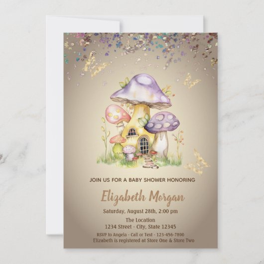 Invitation Maisons Champignons Papillon Doré Baby Shower (Devant)
