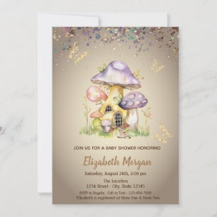 Invitation Maisons Champignons Papillon Doré Baby Shower