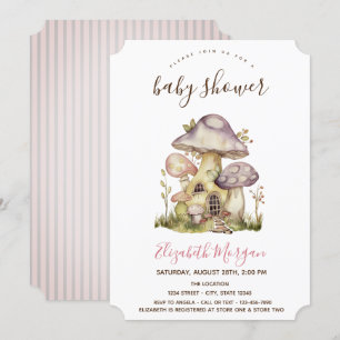 Invitation Maisons Champignons Rayures Roses Baby Shower