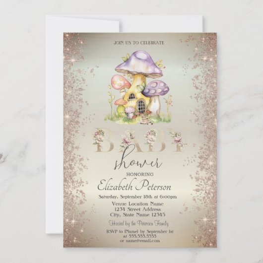 Invitation Maisons de champignons pailletés dorés Baby Shower (Devant)