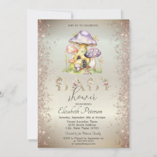 Invitation Maisons de champignons pailletés dorés Baby Shower