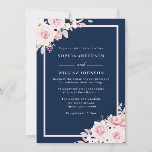 Invitation Majestic Blush & Navy Floral Mariage Aquarelle