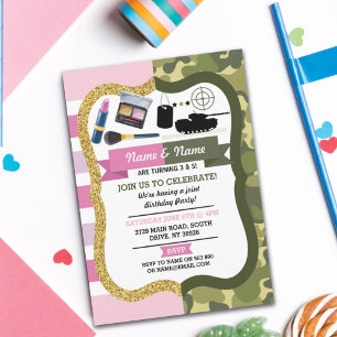 Invitation Make Up & Army Boy Girl Birthday Shared Party