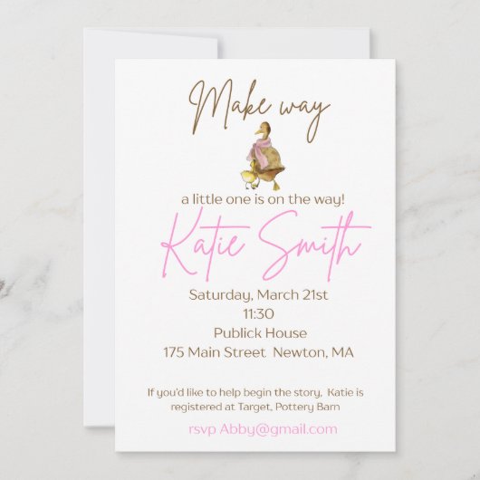 Invitation Make Way for Duckling Baby Shower Girl (Devant)
