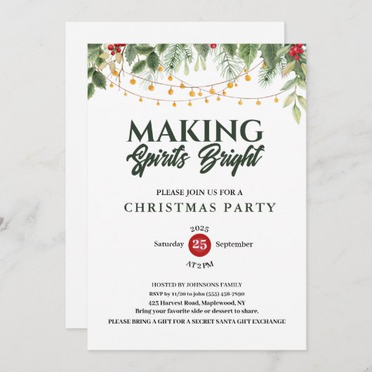 Invitation making spirits bright String Light Christmas Party (Devant / Derrière)