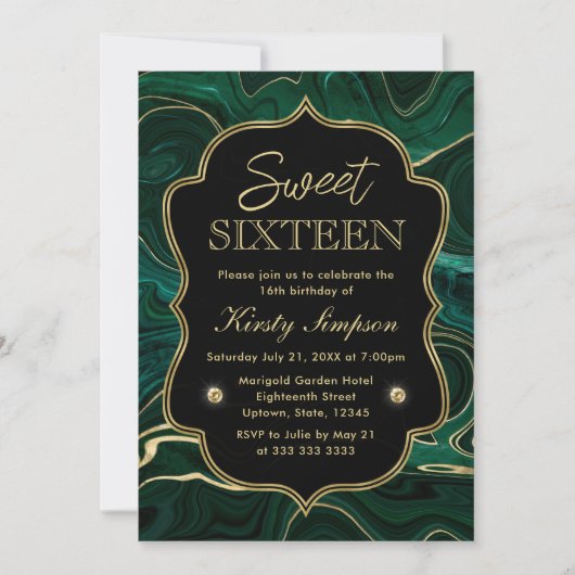 Invitation Malachite Vert Foncé et Strates de Feuille d'Or Sw (Devant)