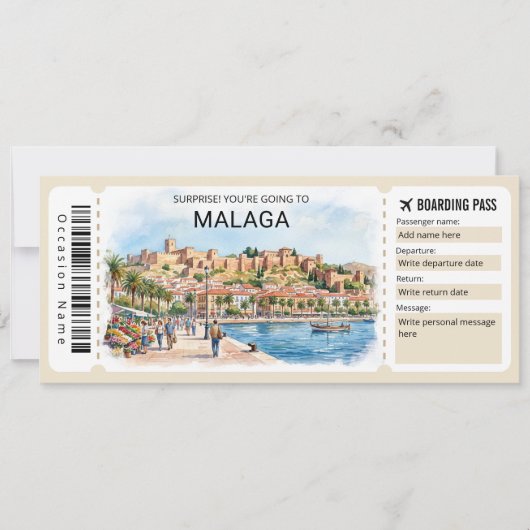 Invitation Malaga Spain Trip Boarding Pass Ticket (Devant)