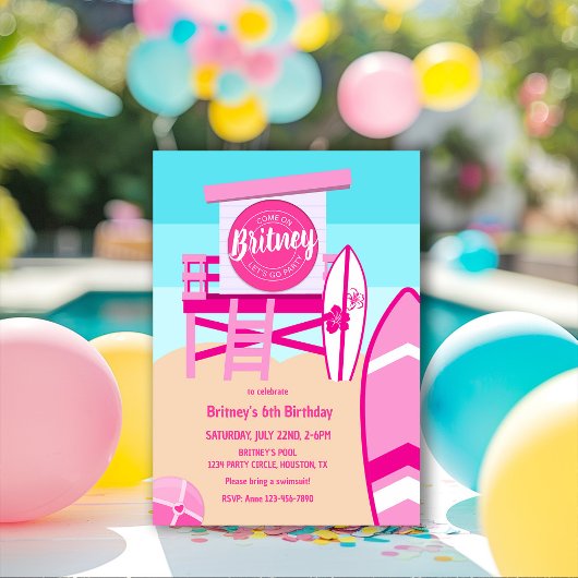 Invitation Malibu Beach Doll Retro Anniversaire Pool Party
