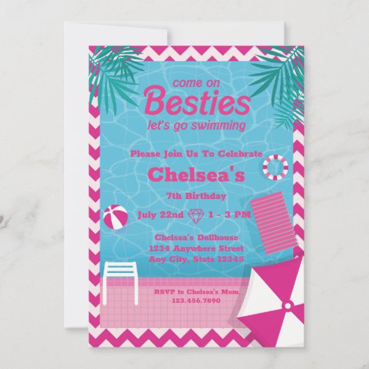 Invitation Malibu Doll Beach Pool Anniversaire (Devant)