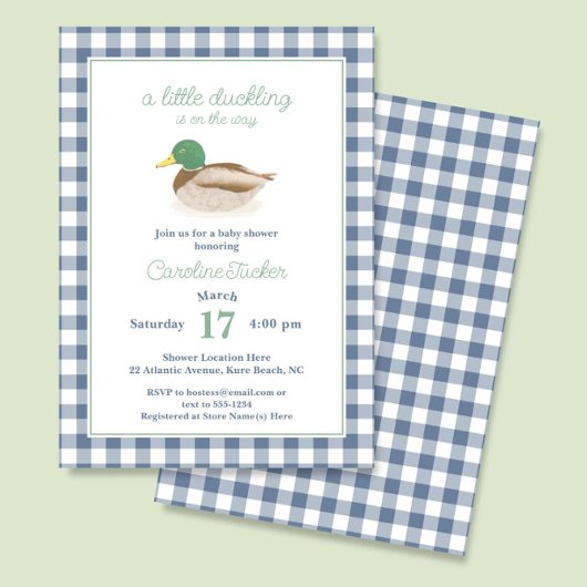 Invitation Mallard Duck Blue Plaid Chasse Baby shower
