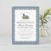 Invitation Mallard Duck Hunting Blue Gingham First Birthday (Debout devant)