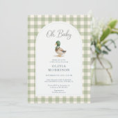 Invitation Mallard Duck Sage Green Gingham Baby Shower (Debout devant)