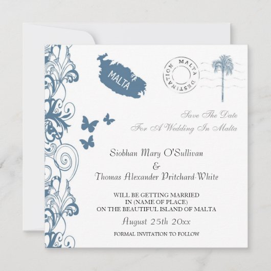 Invitation Malta Sauvegarder la date à Malte Bleu (Devant)