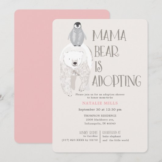 Invitation Mama Bear Adoption Baby shower rose fille (Devant / Derrière)