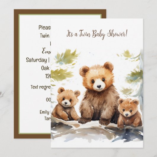 Invitation Mama Bear et Cubs Baby shower jumeau (Devant / Derrière)