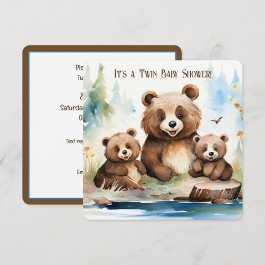 Invitation Mama Bear et Cubs Baby shower jumeau (Devant / Derrière)
