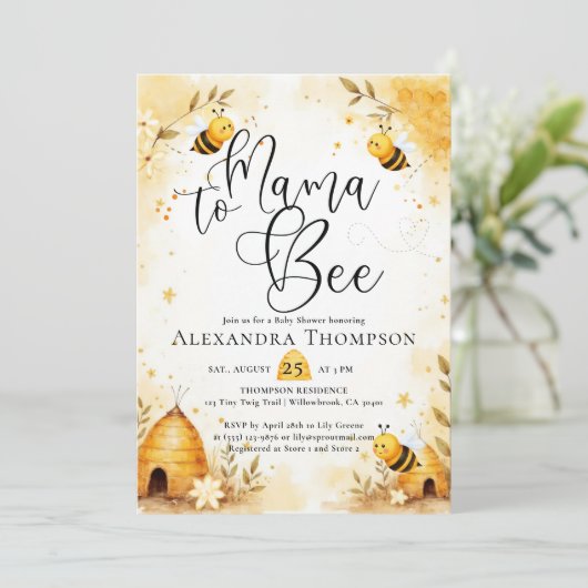 Invitation Mama Bee Summer Hive Bumblebee Script Baby Shower (Debout devant)