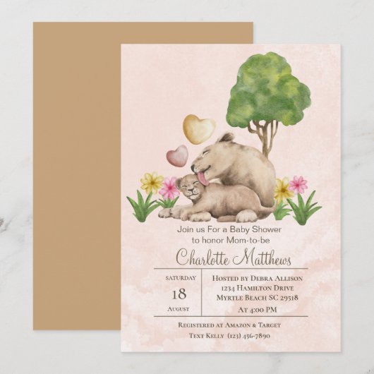 Invitation Mama et bébé Lion Jungle Baby shower Sarfari (Devant / Derrière)