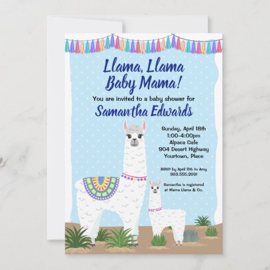 Invitation Mama Llama et Baby Blue Polka Dot Baby shower (Devant)