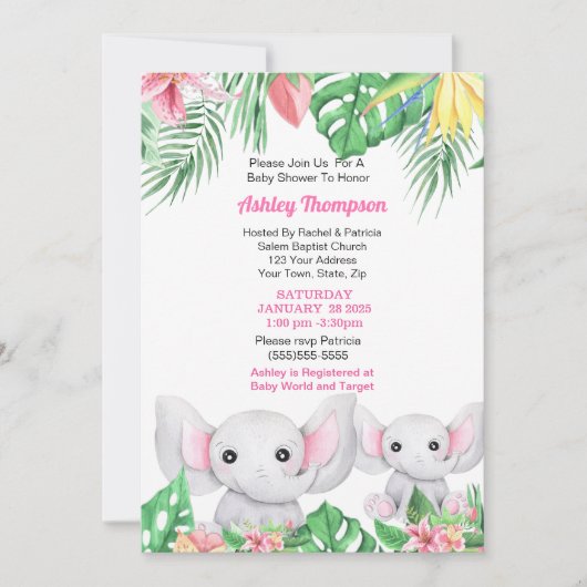 Invitation Mama mignonne et bébé Eléphant Baby shower tropica (Devant)