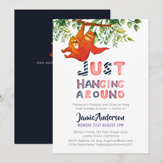 Invitation Mama SLOTH Juste Accroché Autour Du Bébé Bleu Garç (Devant / Derrière)
