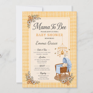 Invitation Mama To Bee Baby Shower avec berceau à carreaux bl