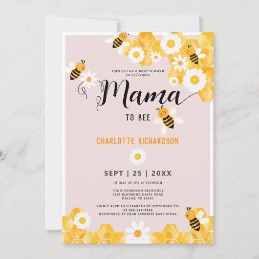 Invitation Mama To Bete Daisy Bumble Bee Baby shower (Devant)