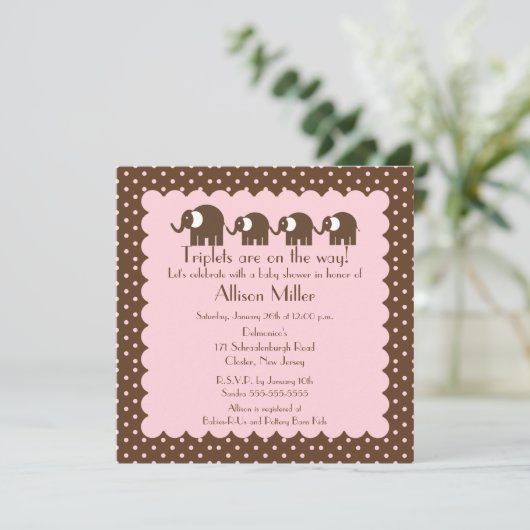 Invitation Mama & triplet Girls Baby Elephant Baby shower (Debout devant)