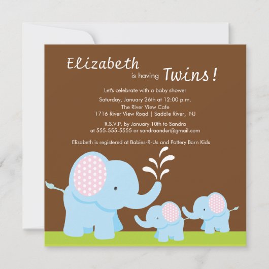 Invitation Mama & Twin Elephants Baby shower garçon ou fille (Devant)