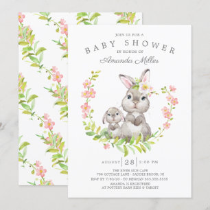Invitation Maman adorable et bébé filles lapin Baby Shower