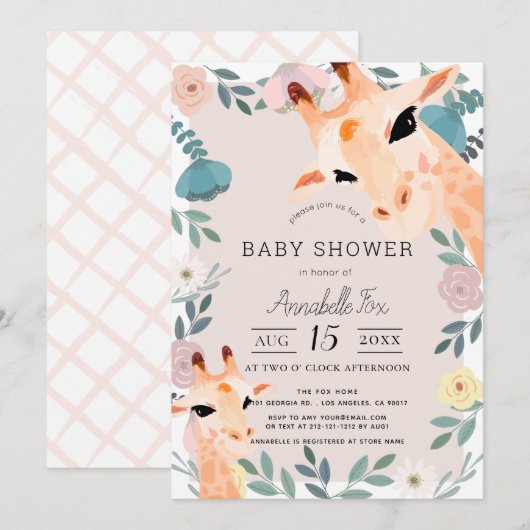 Invitation Maman & Baby Giraffe Baby shower floral rose (Devant / Derrière)