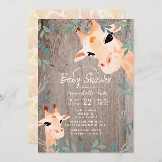 Invitation Maman & Baby Giraffe Baby shower rustique en bois (Devant / Derrière)