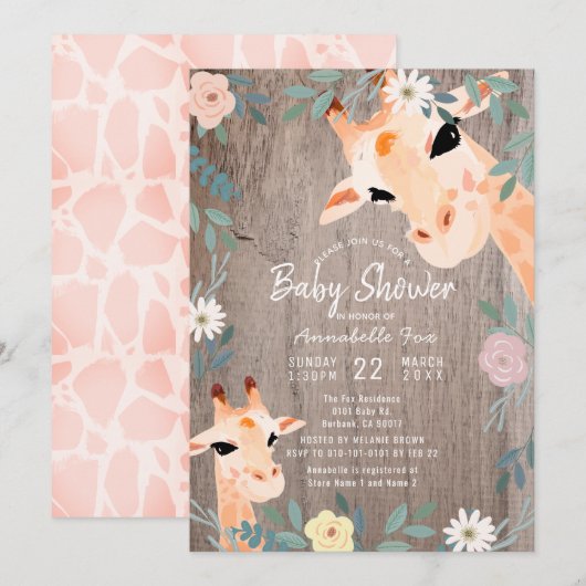 Invitation Maman & Baby Giraffe Bois rustique Baby shower Flo (Devant / Derrière)