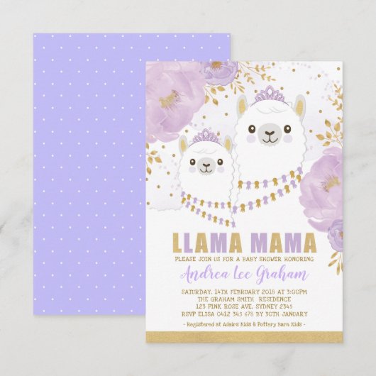 Invitation Maman baby shower de lama/fiesta florale or (Devant / Derrière)