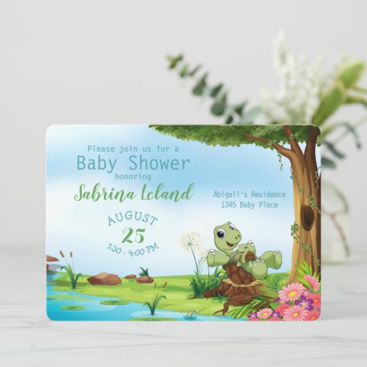 Invitation Maman Capricieuse et Bébé Tortue Animal Baby Showe (Debout devant)