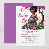 Invitation Maman enceinte Chat Floral Purple Baby shower (Devant / Derrière)