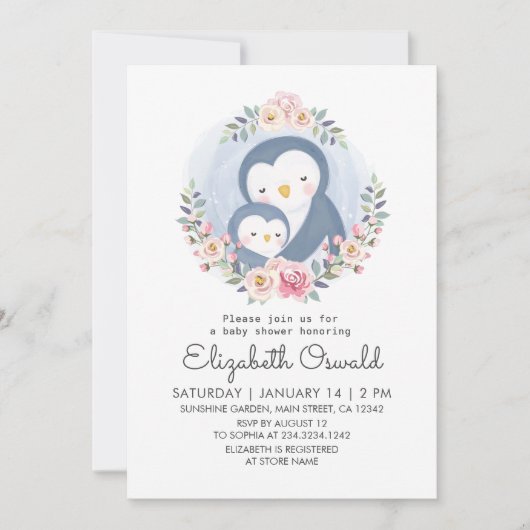 Invitation Maman Et Bébé Baby shower Floral Pingouin (Devant)