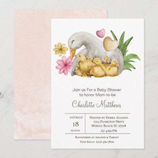 Invitation Maman et bébé Canard Baby shower d'animaux aquatiq (Devant / Derrière)