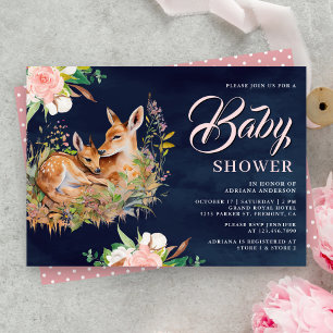 Invitation Maman et bébé cerf floral bleu marine Baby Shower