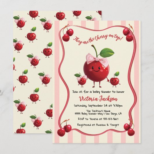 Invitation Maman et jumelle fille Baby Cherry Baby shower (Devant / Derrière)